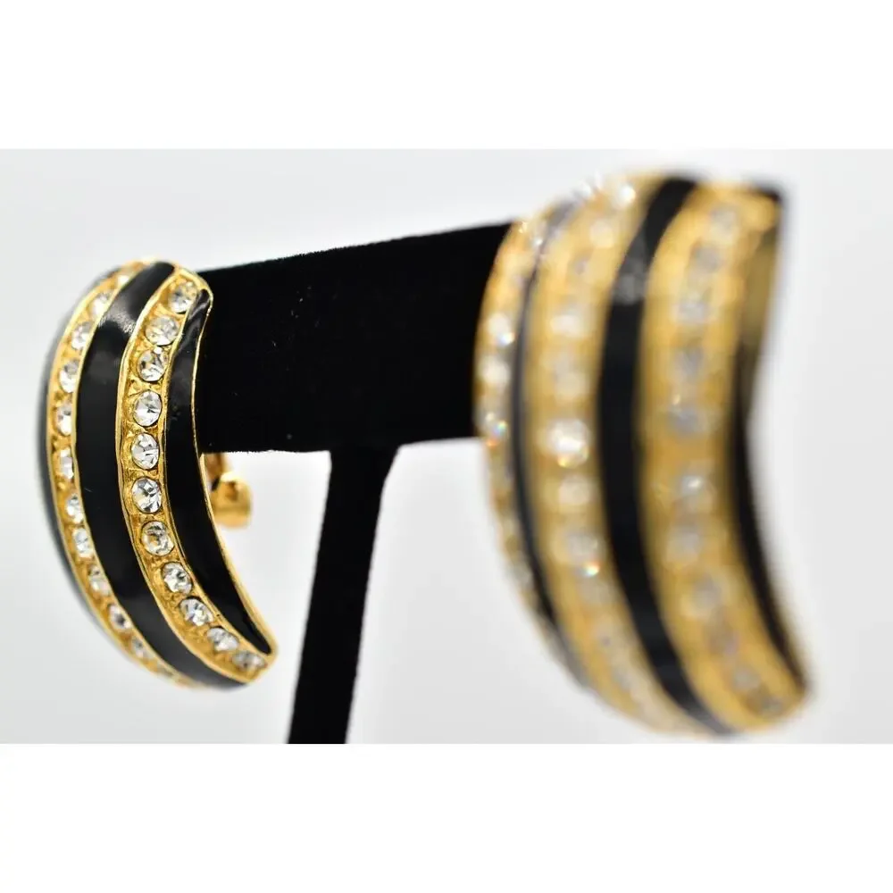 Vintage Crystal Clip On Earrings Black Enamel Rhinestone Gold Chunky 1980s BinBK